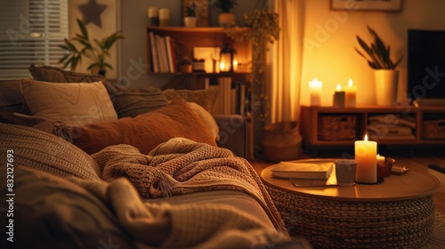 A cozy living space with earth-tone textiles, including a brown sofa, beige throw blankets, and soft lighting © Lcs