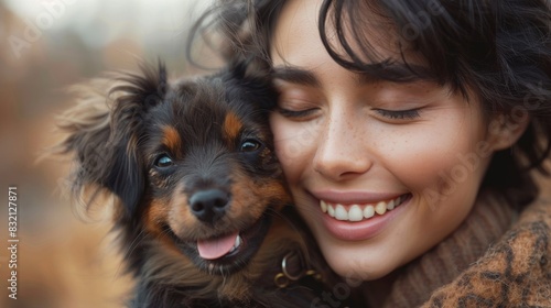 A delightful embrace between a happy young woman and a small dog, set against an autumnal outdoor background