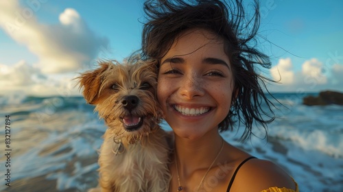 A smiling woman takes a selfie with her joyous dog against a seaside backdrop, evoking a sense of shared adventure and happiness photo