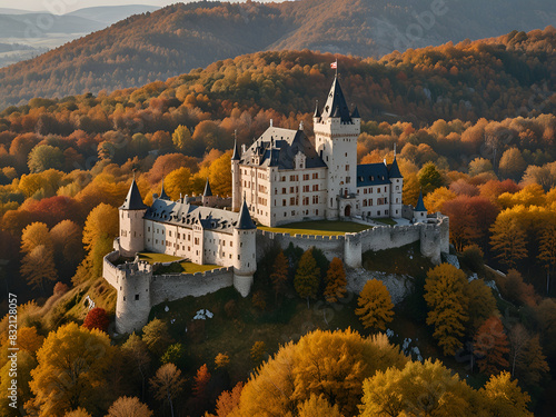  castle on a hill in autumn, Rhineland-Palatinate, Brubach, Aerial panorama of Marksbury castle overlooking Rhine Gorge in autumn photo