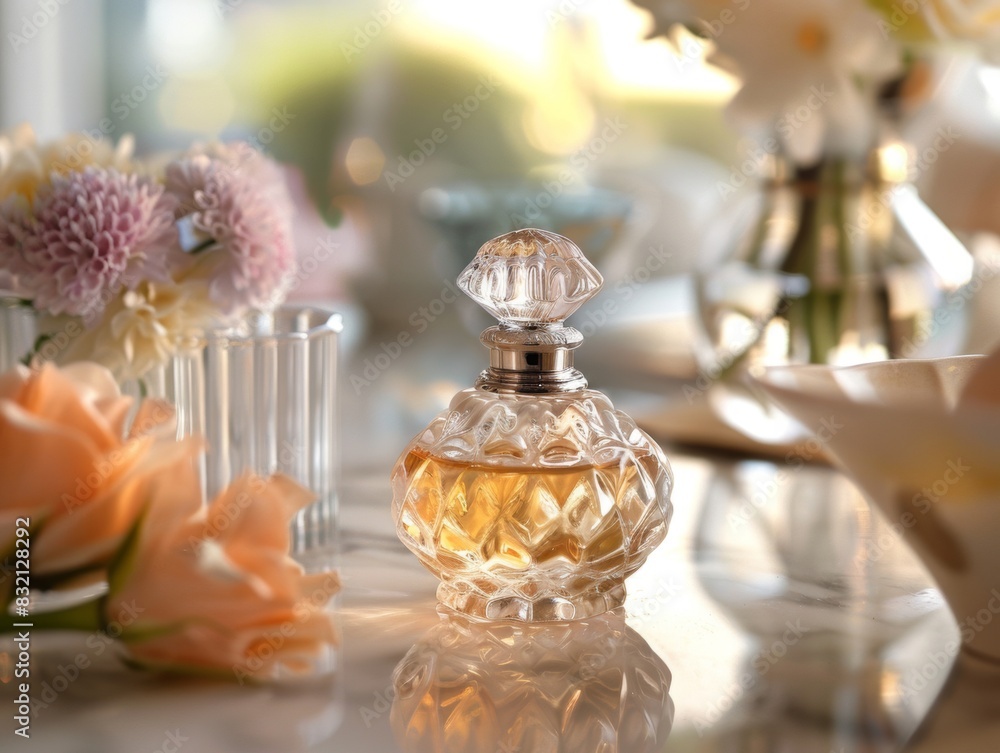 An elegant perfume bottle decorated with a delicate floral design. An elegant perfume bottle decorated with a delicate floral design.