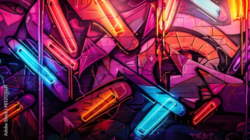An abstract graffiti wall with a pattern of glowing neon tubes
