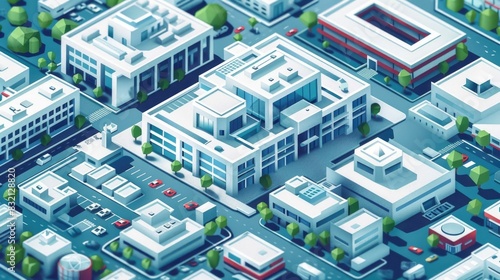 Aerial view of a futuristic medical complex with interconnected urban architecture showcasing a modern technology driven healthcare system within a thriving cityscape