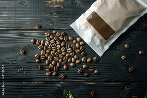 Photo of a white coffee bag with brown foil windows on the front, photo