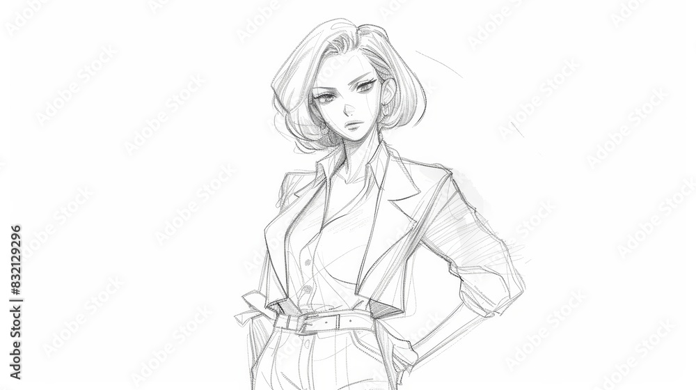 Sketch of a female character with a confident pose and expression. The character has short hair, a sharp jawline, and is wearing a blazer with a belt Sketch of a female character with a confident pose and expression. The character has short hair, a sharp jawline, and is wearing a blazer with a belt