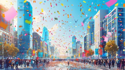 A lively cityscape on New Year Day with colorful confetti falling from the sky and cheerful crowds cartoon Vector Illustration Generative AI #832129476