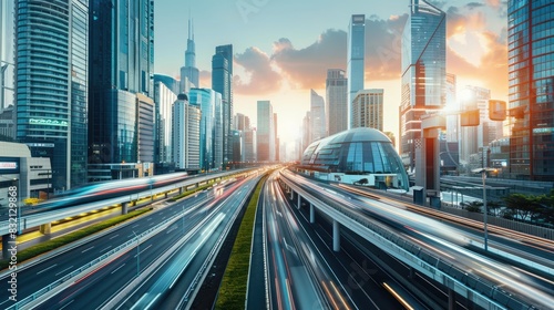 A futuristic cityscape with high-tech buildings, green energy solutions, and advanced transportation networks photo