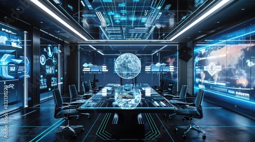 A futuristic conference room with transparent screens, holographic presentations, and advanced communication tools photo