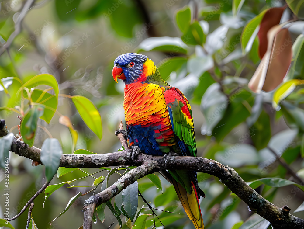 Vibrant parrot with green, blue, and yellow feathers perched on a lush tree branch. Vibrant parrot with green, blue, and yellow feathers perched on a lush tree branch.