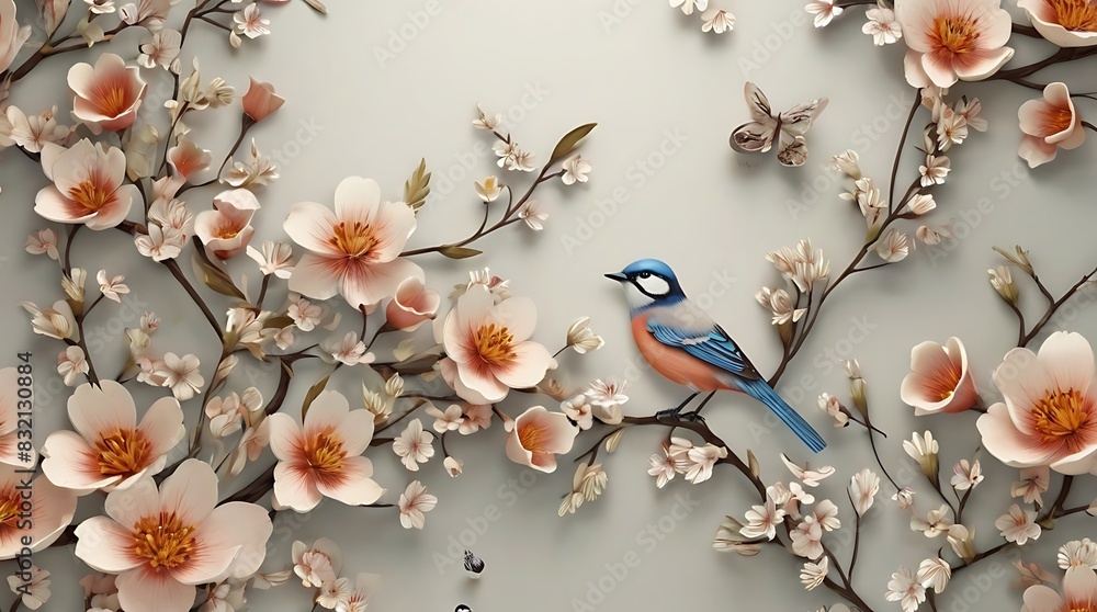 © Free - blue bird is perched on a branch with white and pink flowers.