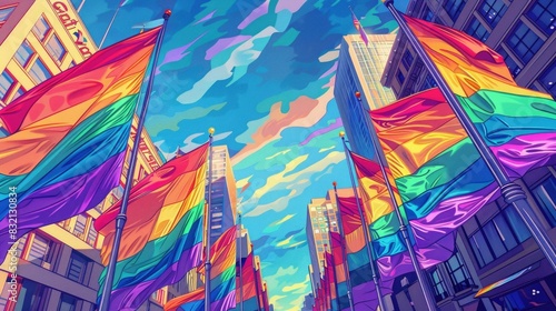 Vibrant and Expansive Display of Rainbow Flags Filling the Downtown City Skyline Symbolizing the Unity Pride and Visibility of the LGBTQ Community