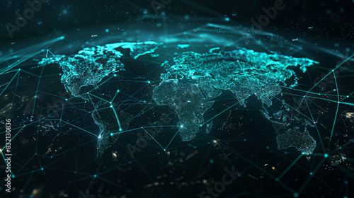 Global digital network background with illuminated world map