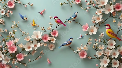blue bird is perched on a branch with white and pink flowers.