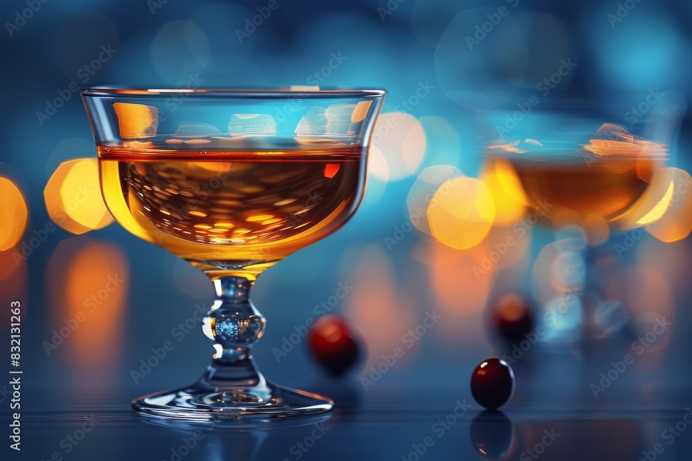 Close up of a sophisticated cocktail with an elegant glass and garnishes, set against a blurred bar background, exuding luxury and refinement Close up of a sophisticated cocktail with an elegant glass and garnishes, set against a blurred bar background, exuding luxury and refinement