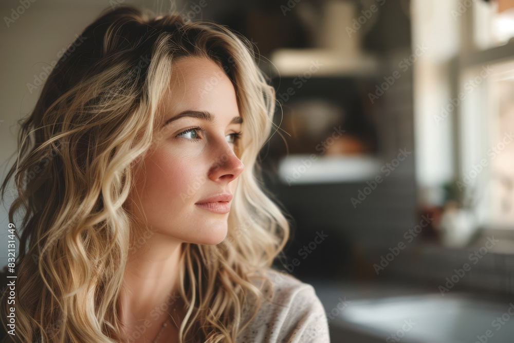 Half-face portrait of thoughtful young blonde woman in natural light Half-face portrait of thoughtful young blonde woman in natural light