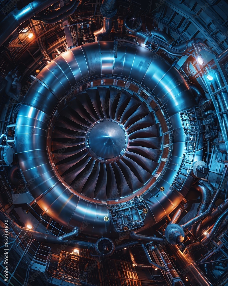Obraz premium Delve into the intricate heart of jet engines with a wide-angle view! Highlight the complexity of the inner components with striking visuals and attention to detail Let the viewer feel the power 