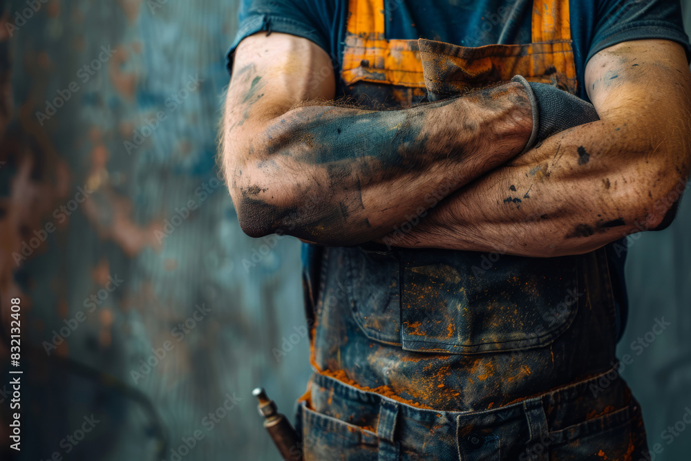 Dirty worker with crossed arms wearing overalls and gloves Dirty worker with crossed arms wearing overalls and gloves