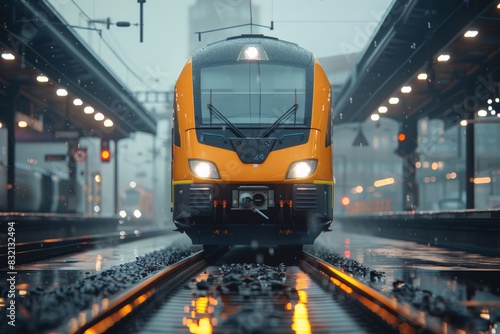 Modern Yellow Train Approaching Station in Rainy Weather