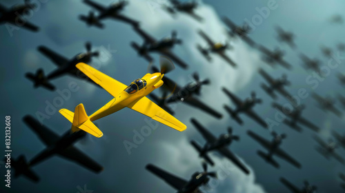 Yellow airplane leading black planes in the sky photo