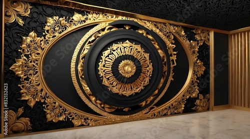 Black marble wall with gold ornate flourishes and a large gold decorative medallion in the center. photo