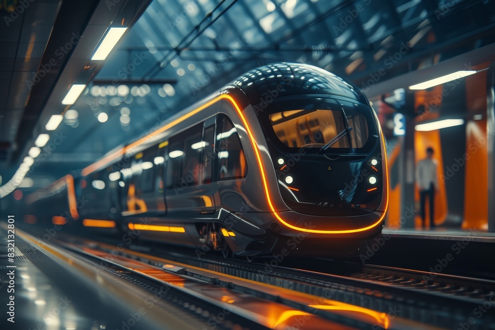 Futuristic Train at Illuminated Railway Station with Orange Lights Futuristic Train at Illuminated Railway Station with Orange Lights