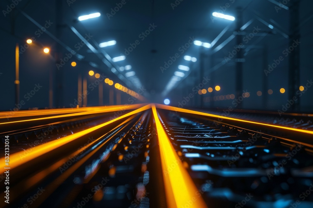 Illuminated Train Tracks at Night with Bright Orange Lights Illuminated Train Tracks at Night with Bright Orange Lights