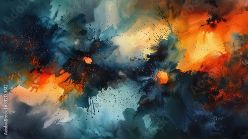 Moody midnight blues blend with fiery oranges in a cosmic explosion of abstract watercolor