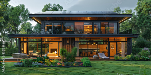 Modern sustainable house with solar panels on the roof in a lush green garden under a clear blue sky 