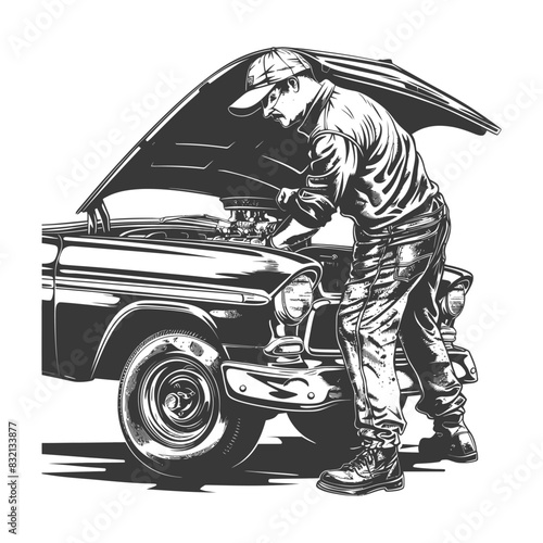 Classic Car Mechanic: Vintage Auto Repair Illustration