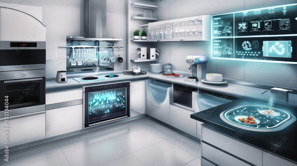 A high-tech, futuristic kitchen with automated cooking devices, smart appliances, and holographic recipe displays A high-tech, futuristic kitchen with automated cooking devices, smart appliances, and holographic recipe displays