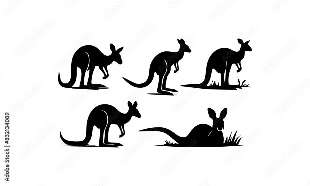 silhouette sets of kangaroos in black and white