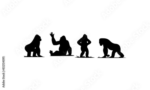 Silhouette sets of gorillas in black and white