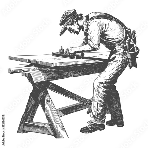 Engraved Carpenter: Hand-Planing Wood, Detailed Crosshatch Style, Classic Craftsmanship, Tool Belt, Woodworking Sawhorse.