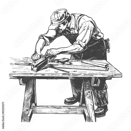 Engraved Carpenter: Woodworker Smoothing Timber with Hand Plane on Rustic Workbench.