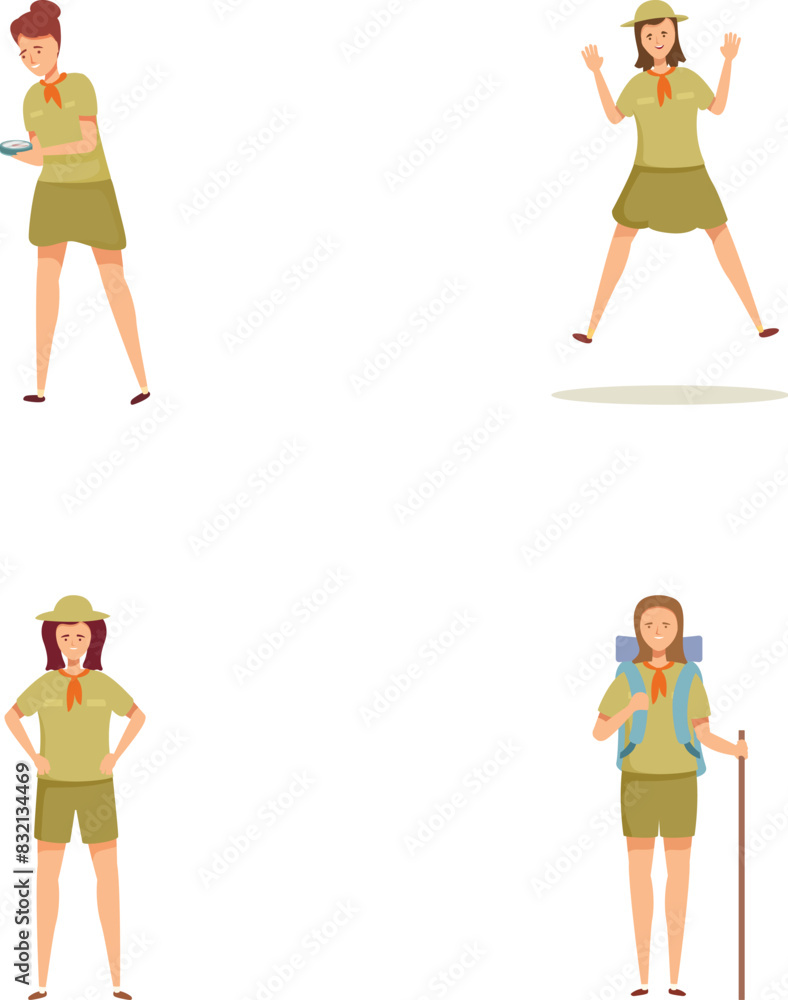 Illustrations of a woman in hiking gear performing various activities, isolated on white Illustrations of a woman in hiking gear performing various activities, isolated on white