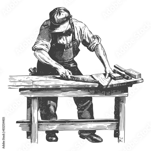 Woodworker Smoothing Plank, Antique Engraving Style Illustration