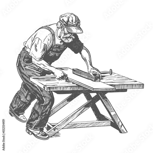 Woodworker's Sketch: Vintage Style Illustration of Man Sawing Wood on Table, Focus on Hands and Tool.