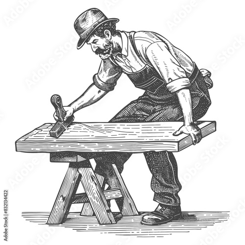 Vintage Woodworker: Craftsman Planing Lumber, Line Art.