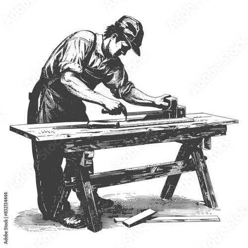 Vintage Woodworker: Carpenter Using Hand Tools at Workbench, Illustration.