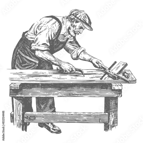 Woodworker's Focus: Vintage Engraving of Man Shaping Wood with Hand Tools at Workbench.