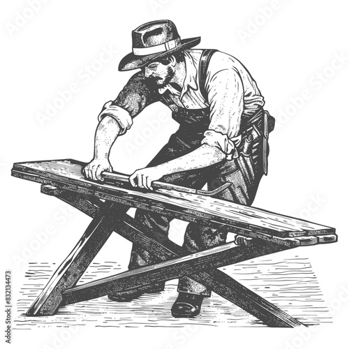 Woodworker at Bench, Vintage Engraving: Craftsman Shaping Wood with Drawknife.