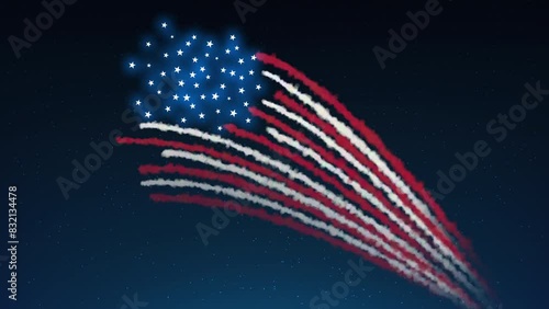 Animated fireworks US flag. USA national holiday. Independence day, veterans, memorial, labor. Animated greeting card template. Banner. American colorful fireworks flag on dark sky background