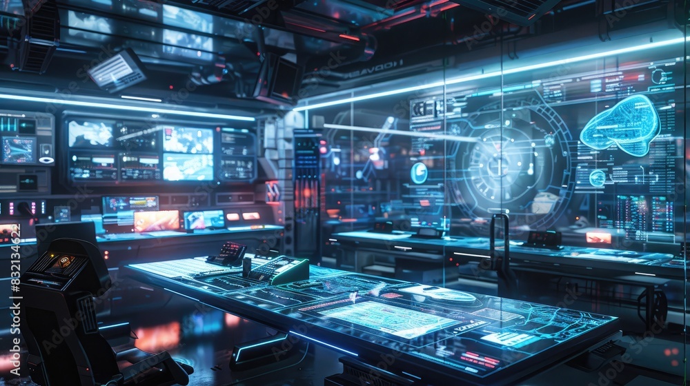 A high-tech workspace with transparent screens, holographic displays, and advanced communication devices A high-tech workspace with transparent screens, holographic displays, and advanced communication devices