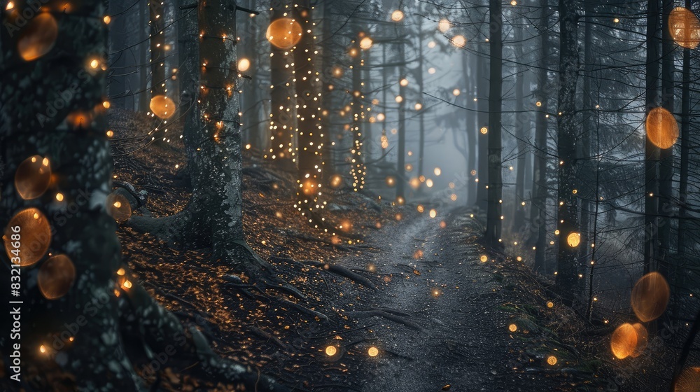 Mysterious foggy forest with golden bokeh lights, Mysterious foggy forest with golden bokeh lights,