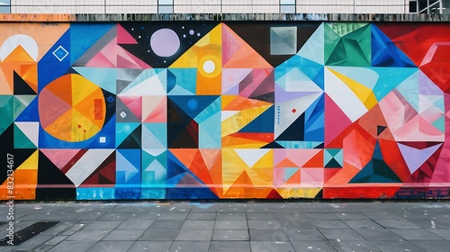 An abstract mural of geometric shapes and vibrant colors on an urban street wall