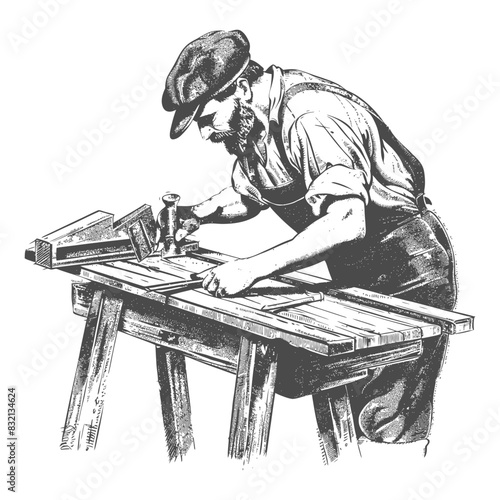 Woodworker's Focus: Engraved Vintage Image of Craftsman with Jointer Plane at Workbench.