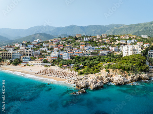 Seaside view over Himare from a drone, Albanian Riviera, Albania
