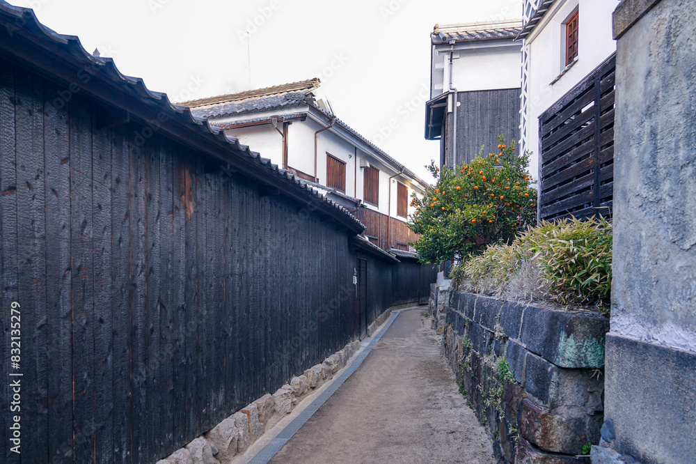 春の朝、倉敷美観地区なまこ壁の並ぶ路地(岡山県倉敷市) 春の朝、倉敷美観地区なまこ壁の並ぶ路地(岡山県倉敷市)