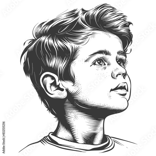 Etched Boy Gazing Upward: Detailed Engraving of Youthful Hope and Imagination.