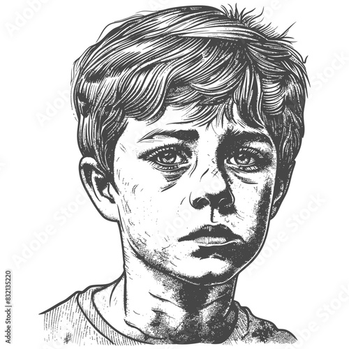 Etched Portrait: Young Boy with Sad Eyes, Detailed Linework and Somber Expression.